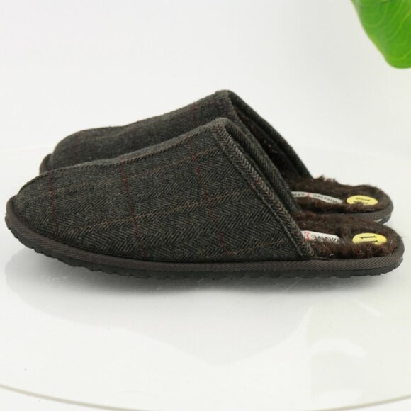Minnetonka Mens Slipper Size 11 Dark Gray Wool Ghingham Plaid Sherpa Lined Shoe - Picture 9 of 12